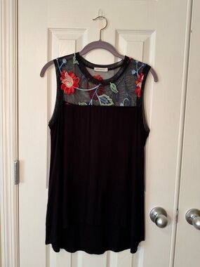 Black Sleeveless Tank with Red Floral Embroidered Mesh Yoke by